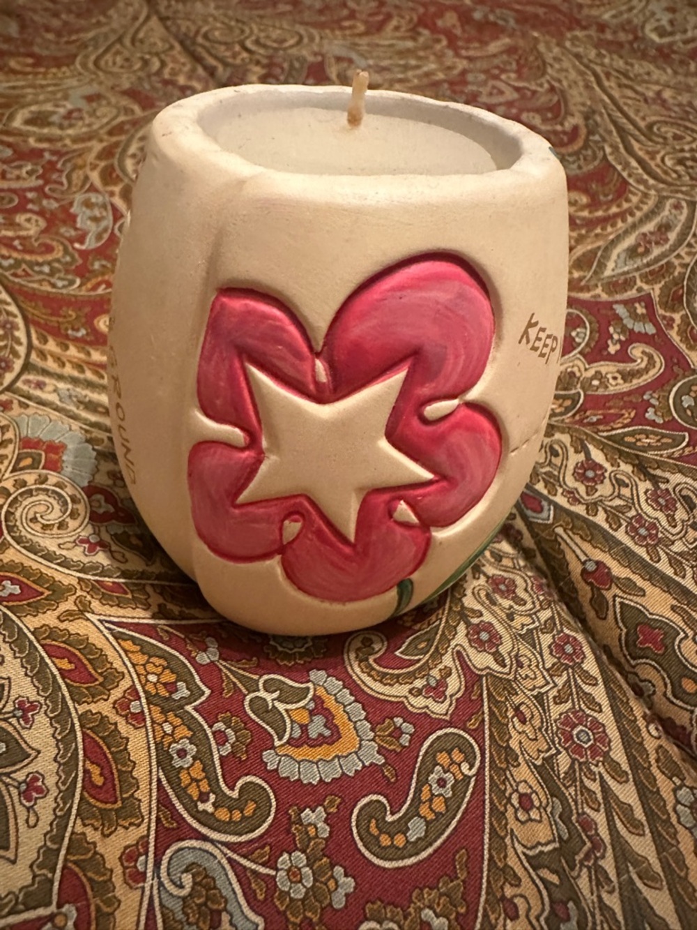 Source Unknown Cream Ceramic Candle Holder with Pink Floral Star Accent